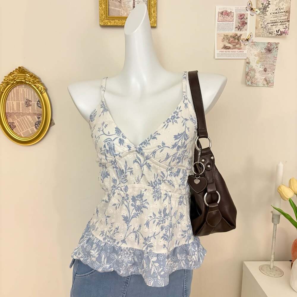 Sim & Sam Blue Floral Camisole Size M Peplum Cottagecore Top